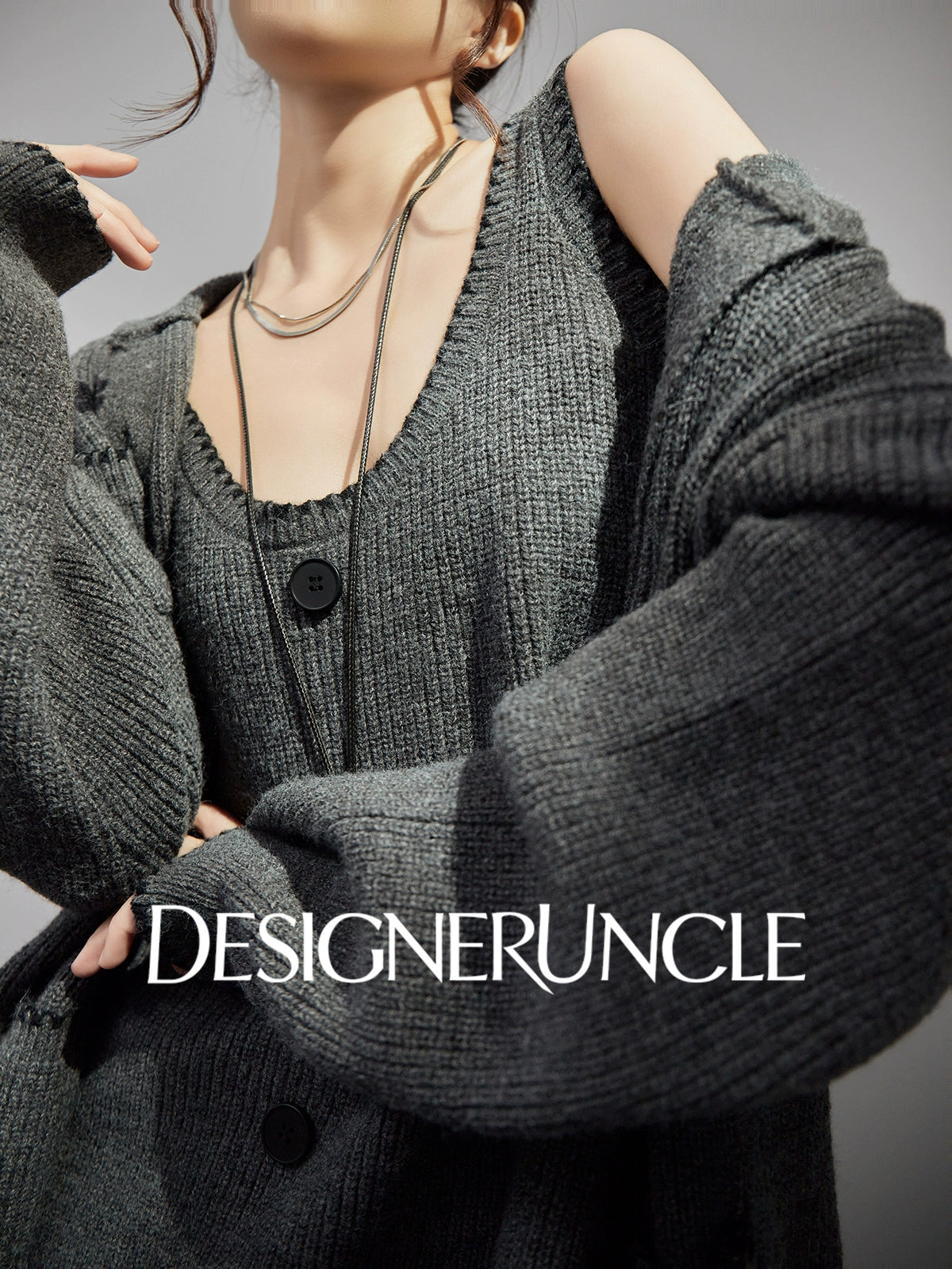 DGU "Guiyan" gray knitted suit V-neck temperament cardigan knitted skirt two-piece set - Skylar