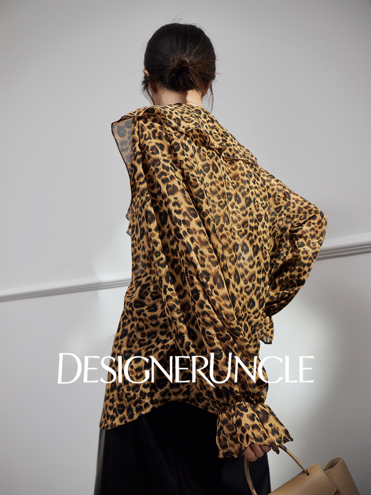 DGU |Leopard print light luxury niche loose retro V-neck design long-sleeved top - GLORY.