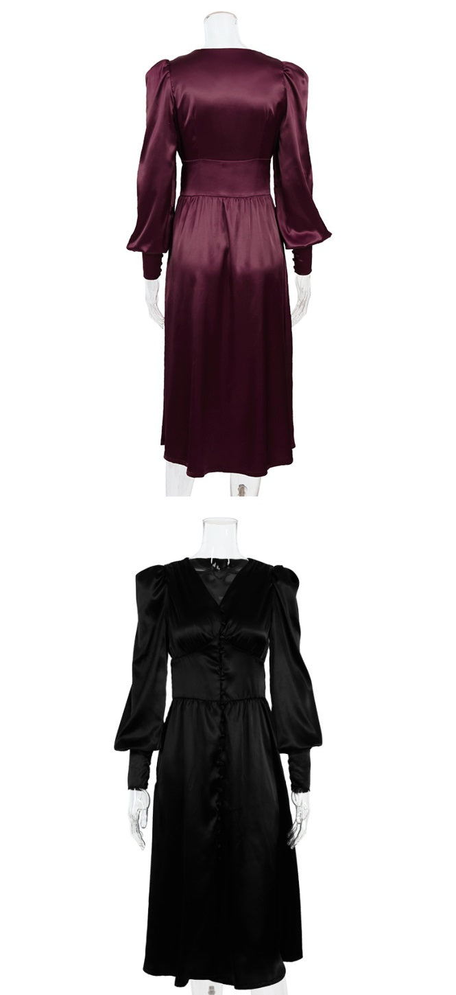 DOLLY Elegant V-Neck Long Lantern Sleeve Long Button Church Dress-NANA