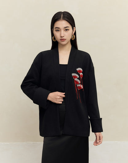 HECO Handmade Fan Bead Shoulder black white Blazer Women -sent.