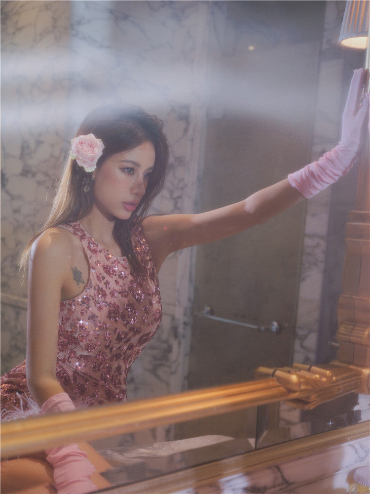 Wardrobes by Chen Dark Rose Pink Floral Sequin Feather Short cocktail Dress-Luciana