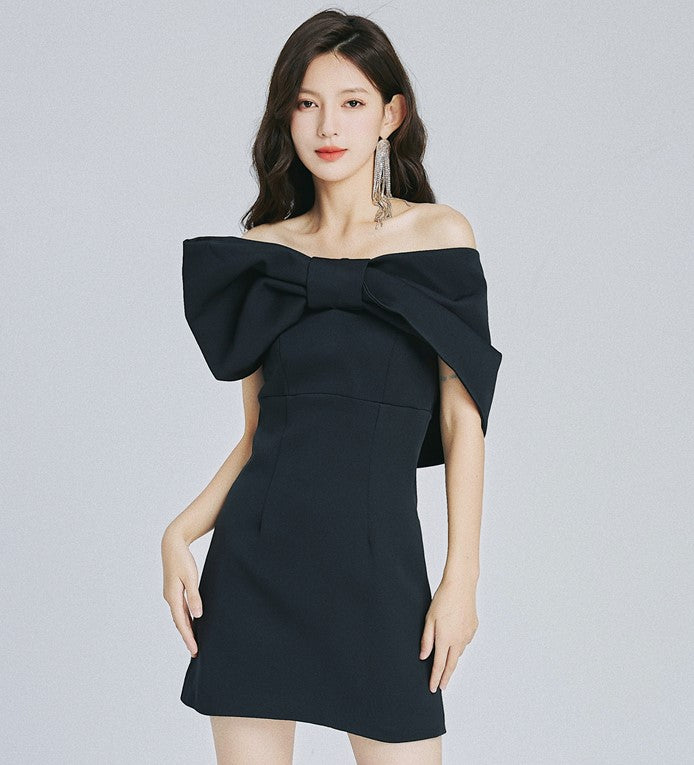 DOLLY Elegant Big Bow One Shoulder Short Sleeve High waist Short Dinner Dress-NIKITA