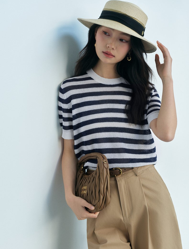 SUSHE light hollow texture striped short-sleeved knit sweater new stretch loose top -BESS