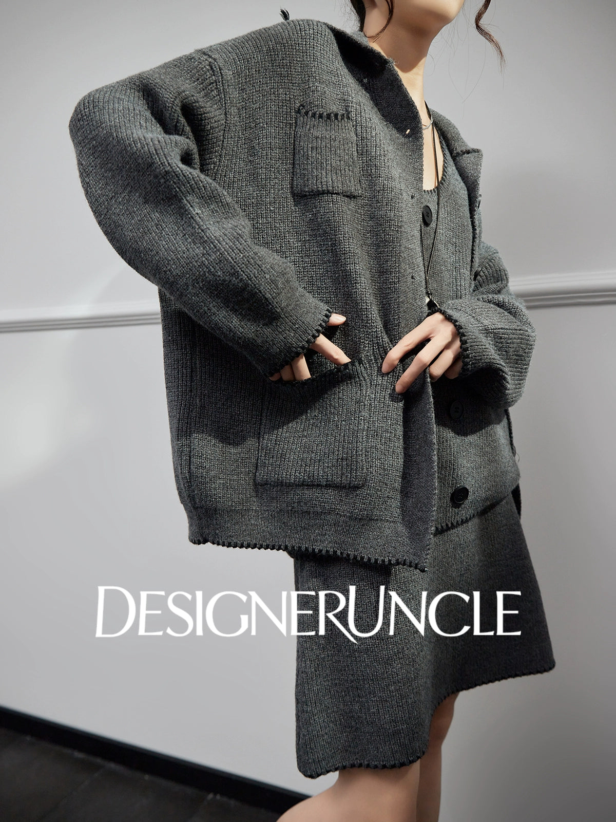 DGU "Guiyan" gray knitted suit V-neck temperament cardigan knitted skirt two-piece set - Skylar