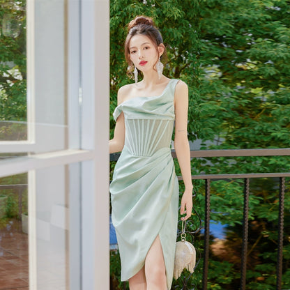 DOLLY Elegant French Style Herringbone One Shoulder Irregular Hem Dinner Dress-SALOMI