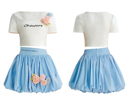 CHECOCRE summer fresh and cute color three-dimensional flower short sleeve T-shirt hood skirt - VAY.