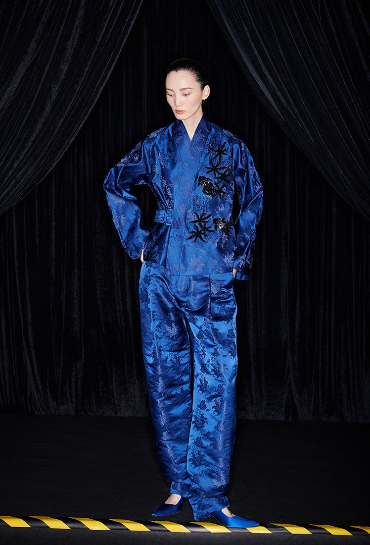 M essential Mackay designer sea green jacquard gag fish algae pattern nail bead jacket - ZYAN.