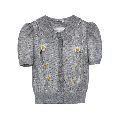 FAME beaded ruffled collar knitted slim top short cardigan- BALDWIN
