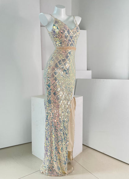 DOLLY High End Sliver Low Cut V-Neck Long Sleeve Short Sequin Birthday Dress-PIPPA