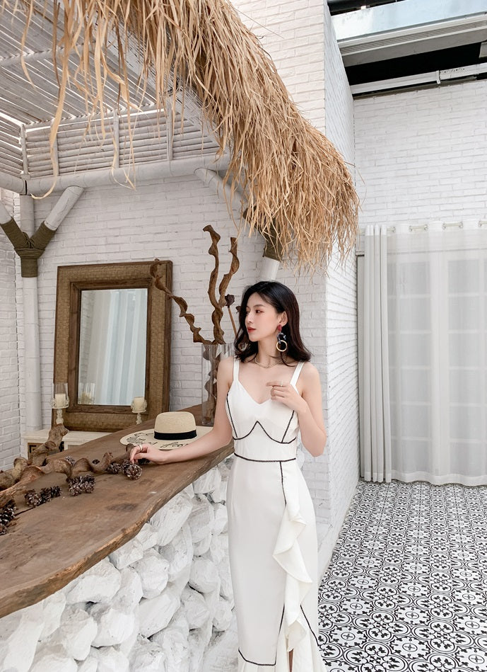 DOLLY Elegant White/Black V-Neck Sleeveless High Waist Long Ruffle Dinner Dress-MIA