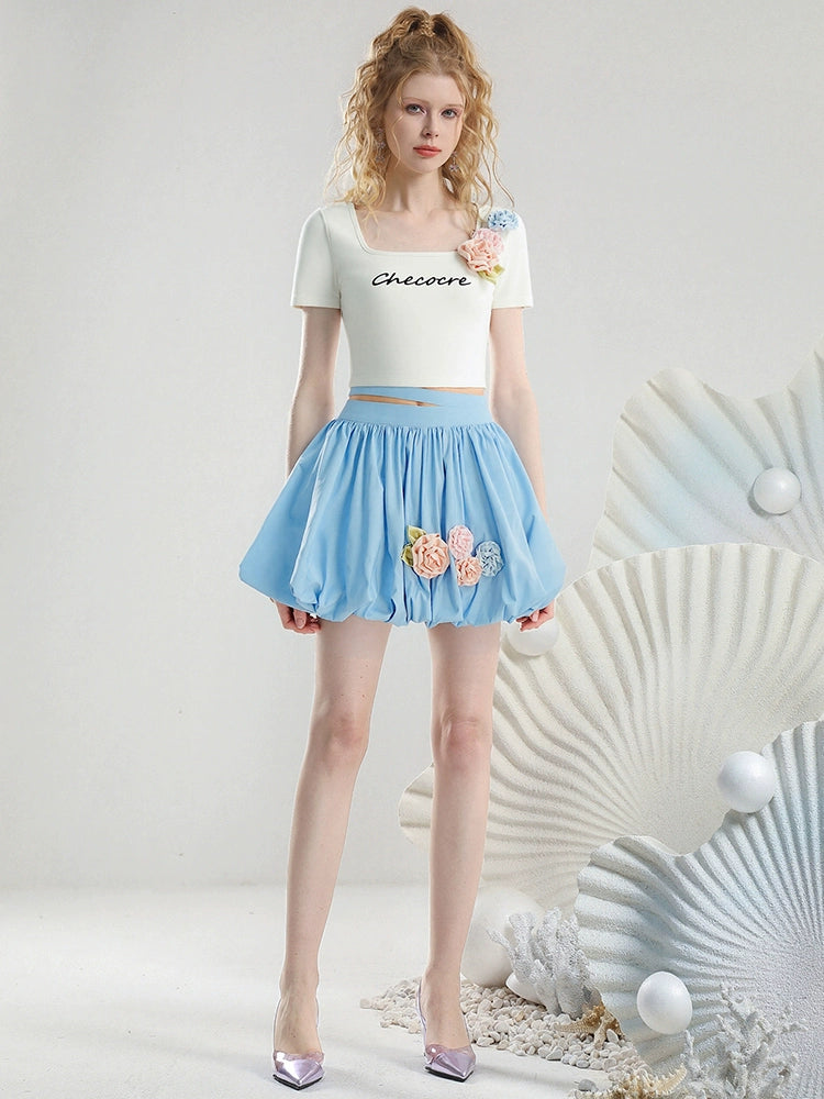 CHECOCRE summer fresh and cute color three-dimensional flower short sleeve T-shirt hood skirt - VAY.