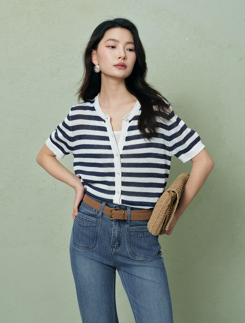SUSHE light hollow texture striped short-sleeved knit sweater new stretch loose top -BESS