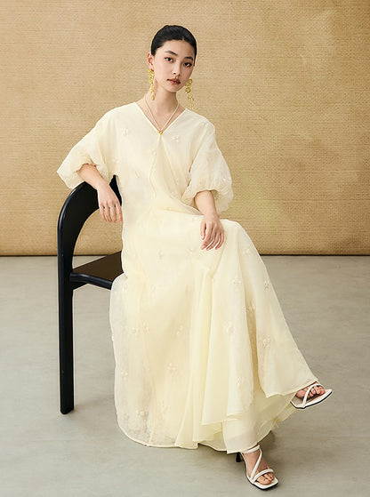 HECO  New Chinese Embroidered V-Neck Puff Sleeve Dress - CORAINE.