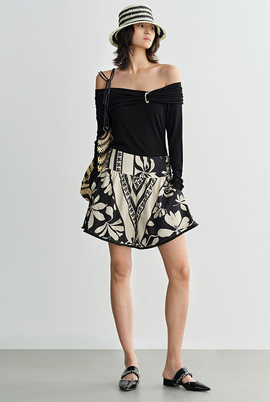 COMME MOI summer black and white print wide waistband shorts - BRONZE.