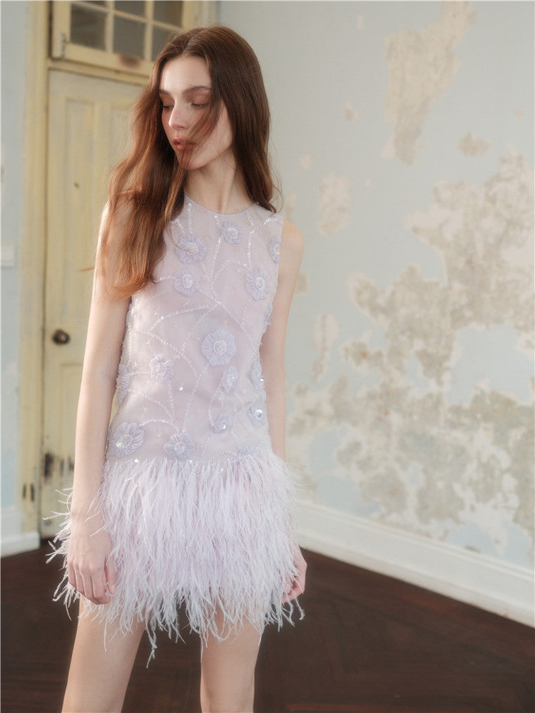 Wardrobes by Chen Purple Round Neck Sleeveless Dinner Feather Dress-Xera