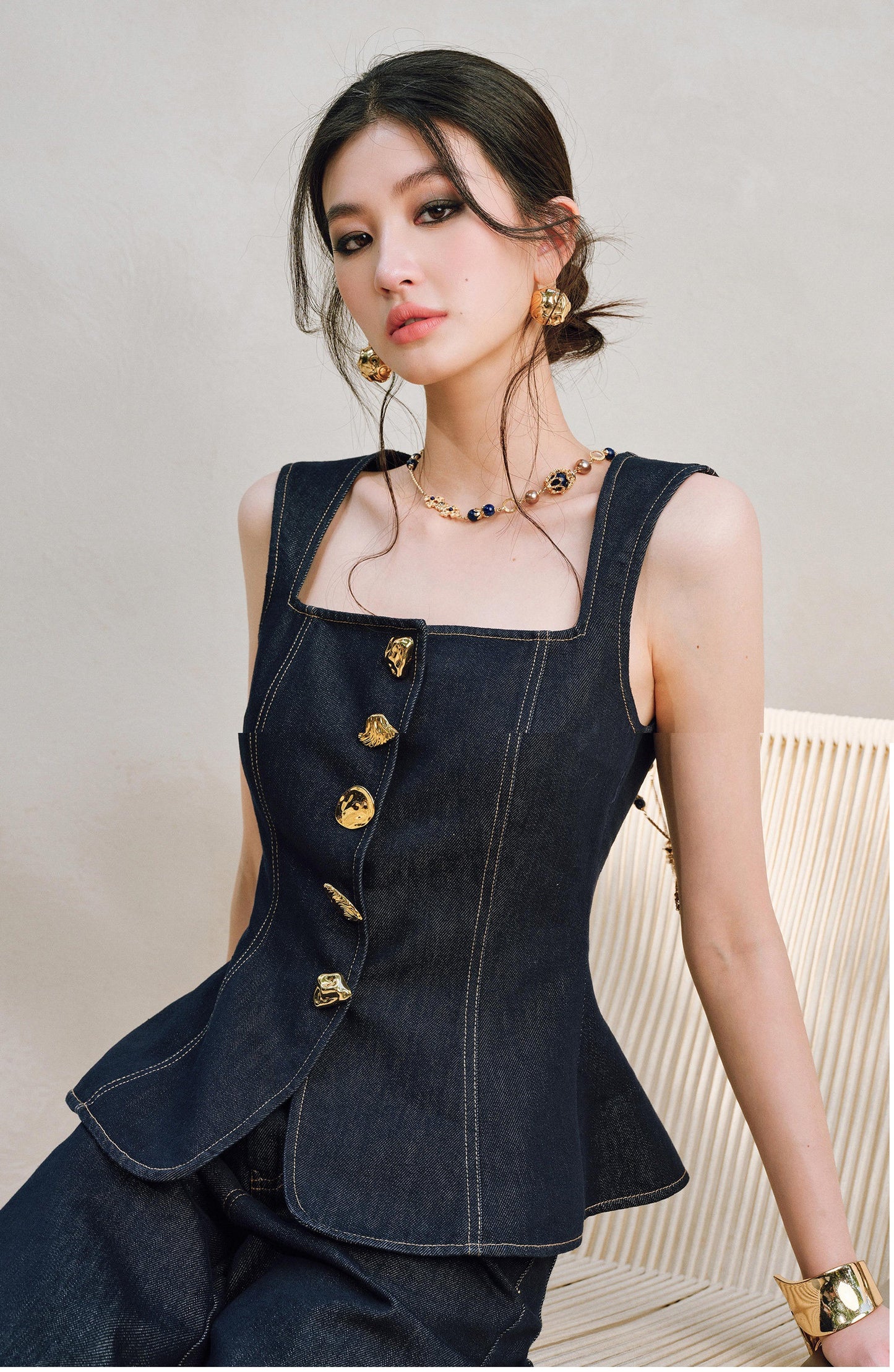 WANGXO | Light-Breathing Tencel Cotton Custom Metal Buckle Vest & Wide-Leg Pants Retro Denim Suit-YARA