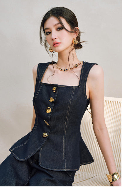 WANGXO | Light-Breathing Tencel Cotton Custom Metal Buckle Vest & Wide-Leg Pants Retro Denim Suit-YARA