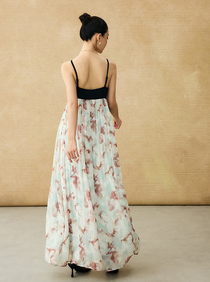 HECO Chinese V-neck camisole chiffon print long dress - BUSE.