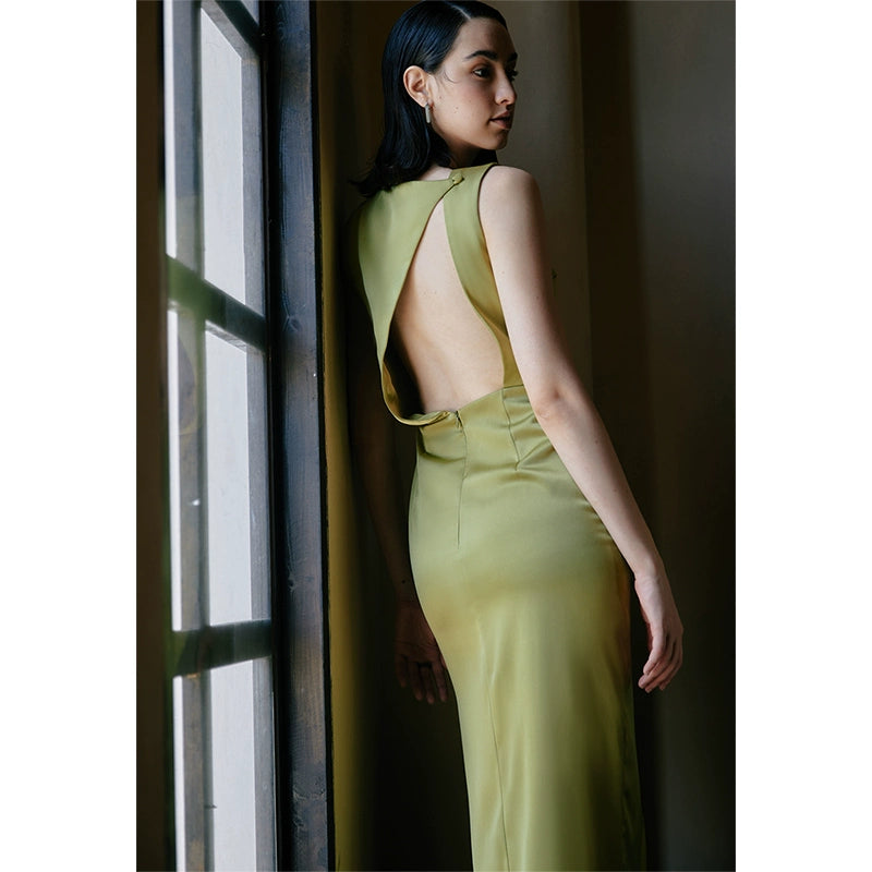 GOUDIN high-end light luxury mustard green evening dress -ZIA.