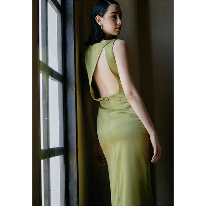 GOUDIN high-end light luxury mustard green evening dress -ZIA.