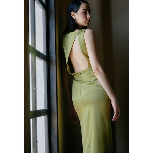 GOUDIN high-end light luxury mustard green evening dress -ZIA.