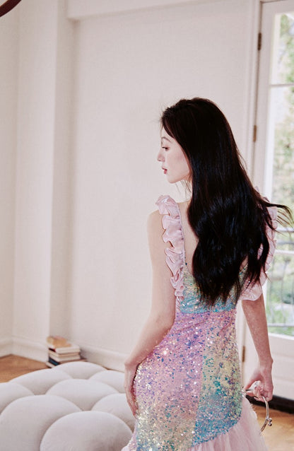 DOLLY Luxury Gradient Deep V-Neck Sleeveless Sequin Long Backless Party Dress-IVETTE