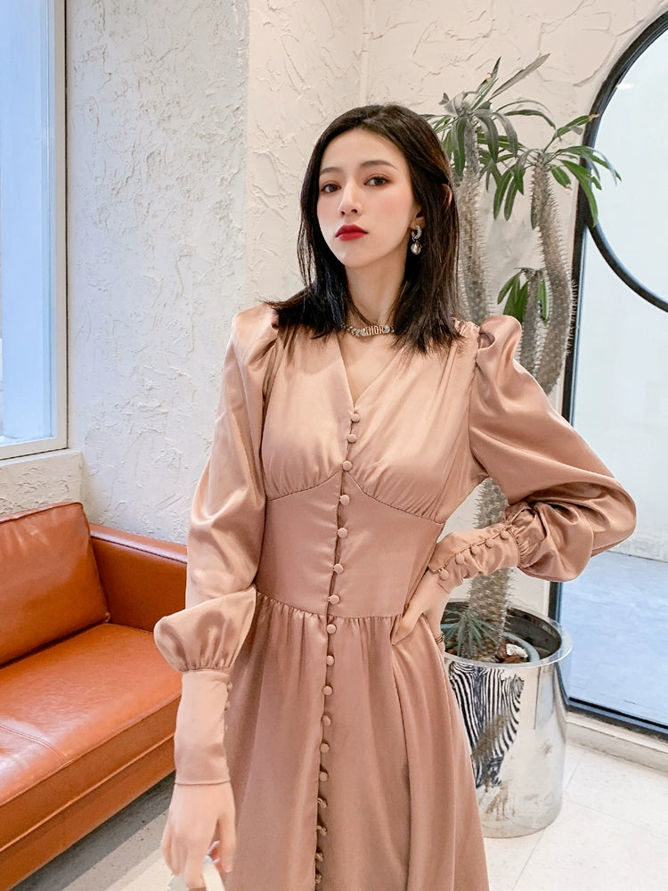 DOLLY Elegant V-Neck Long Lantern Sleeve Long Button Church Dress-NANA