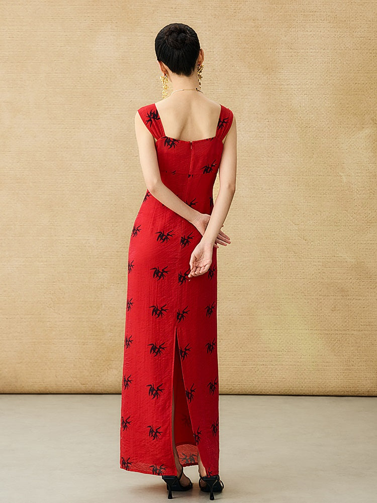 HECO Chinese irregular pleated camisole bamboo leaf print long dress- ROCK .