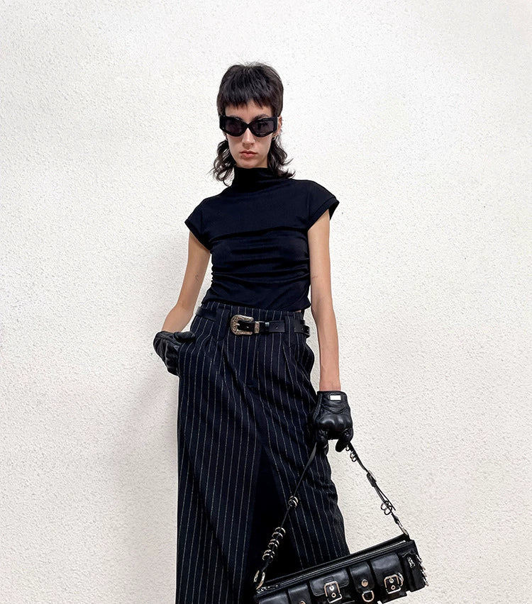 ANNAKIKI Black and White Striped Vintage Belt Trim Striped Skirt-RAVY