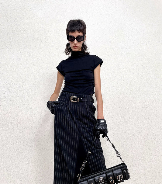 ANNAKIKI Black and White Striped Vintage Belt Trim Striped Skirt-RAVY