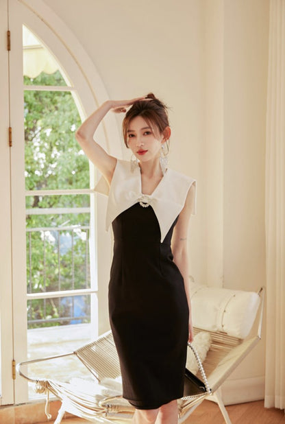 DOLLY Luxury Black Retro French Style Color Contrast Sleeveless Slim Fit Short Dress-ORLA