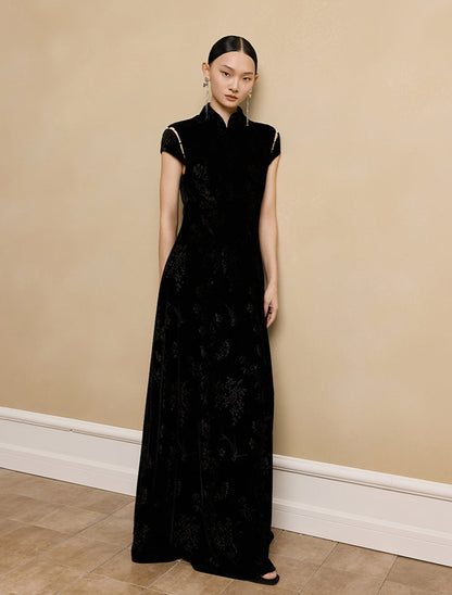 HECO Velvet Embossed Red Black Long Dress Women's- EXPECT.