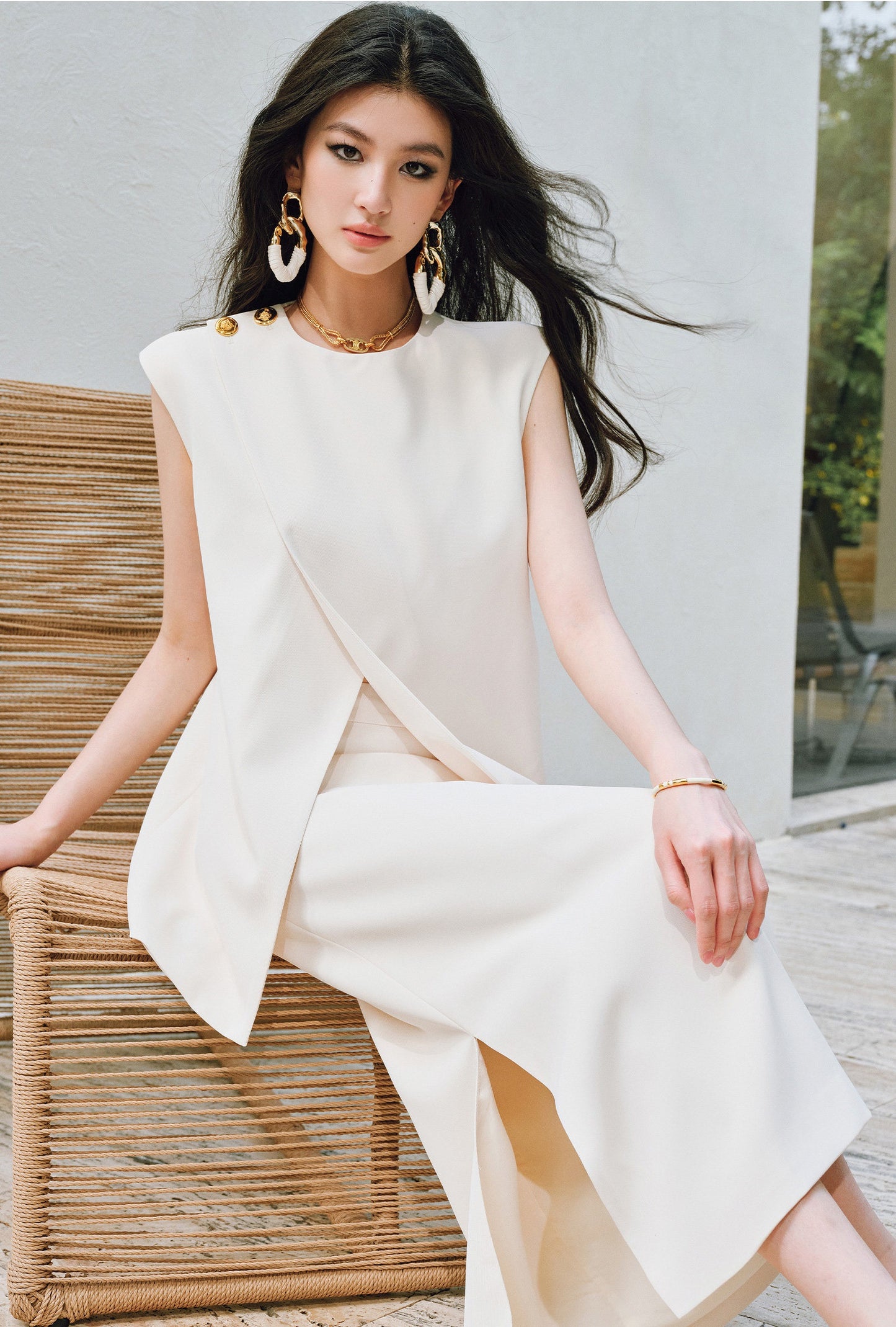 WANGXO Elegant Commuter-Style Diagonal Placket with Loose Pleated Slit Vest & Skirt Suit Set -NALA