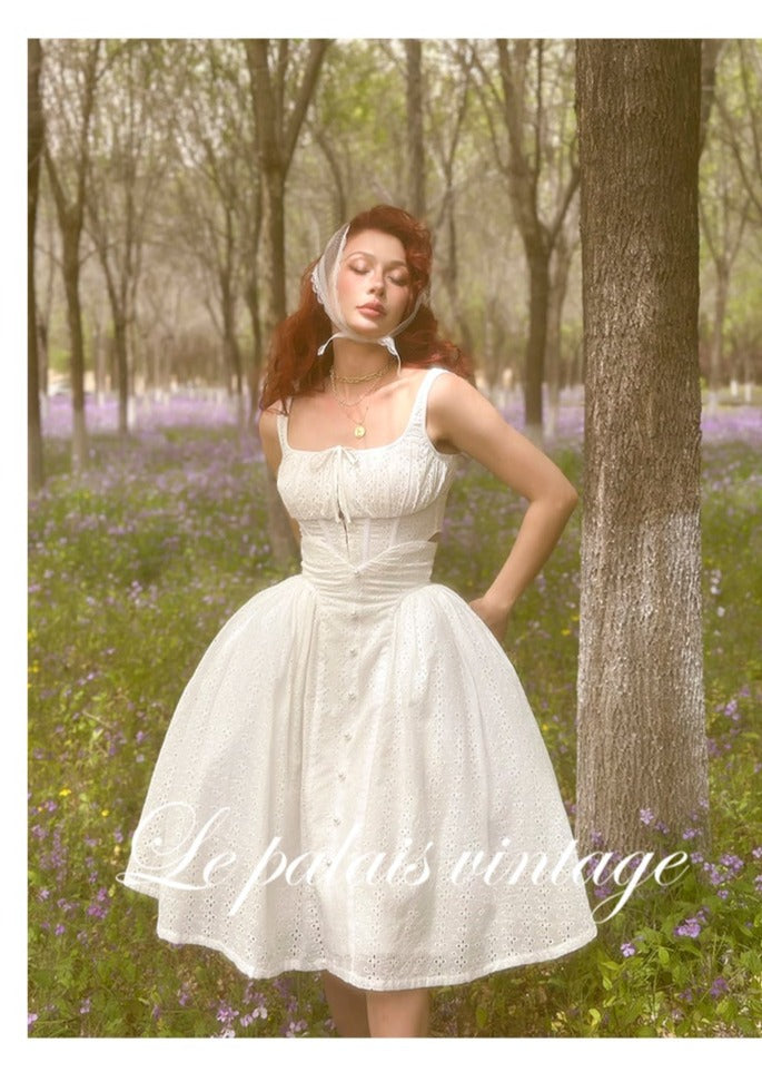 Le Palais Vintage French antique white cotton embroidered fishbone corset with high waisted skirt