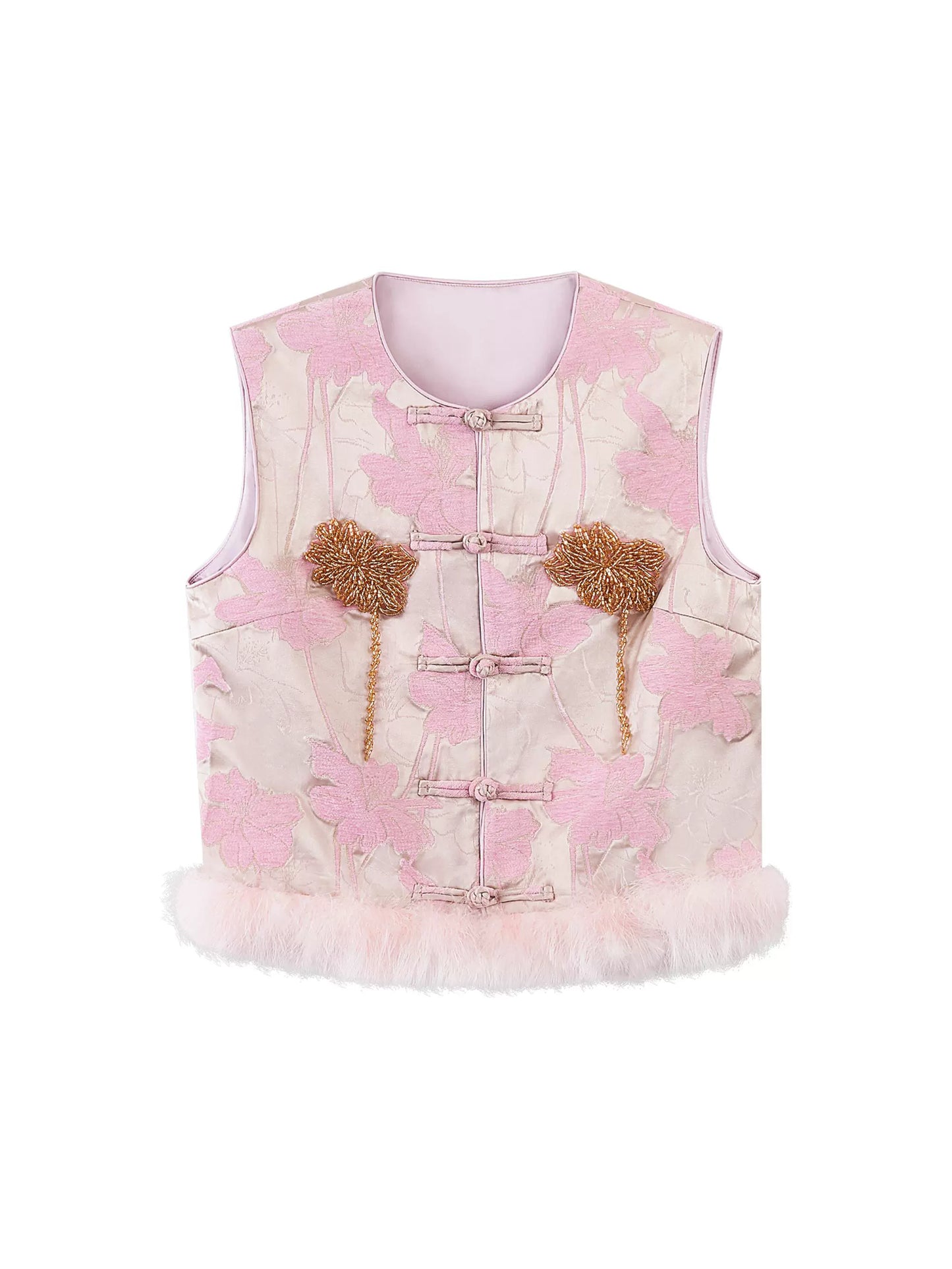 HECO 100% polyester Buckle Bead Embroidered pink apricot Round Neck Vest - spark.