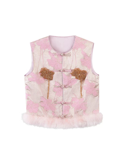HECO 100% polyester Buckle Bead Embroidered pink apricot Round Neck Vest - spark.