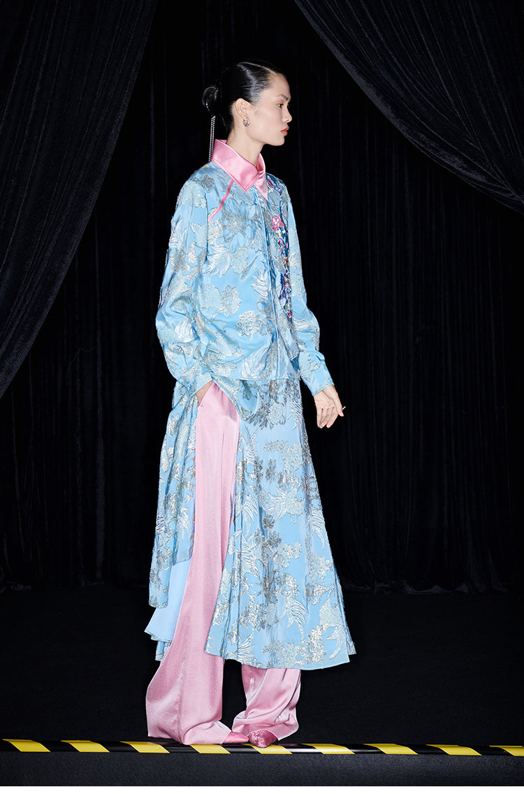 M essential Mackay designer blue pink embroidered contrast lapel shirt pant dress set - halle.
