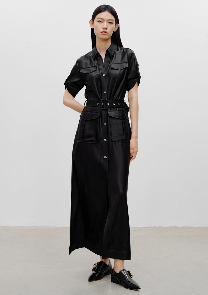 COMME MOI Lu Yan designer women's hunting straight side slit maxi skirt dress - LAYLA.