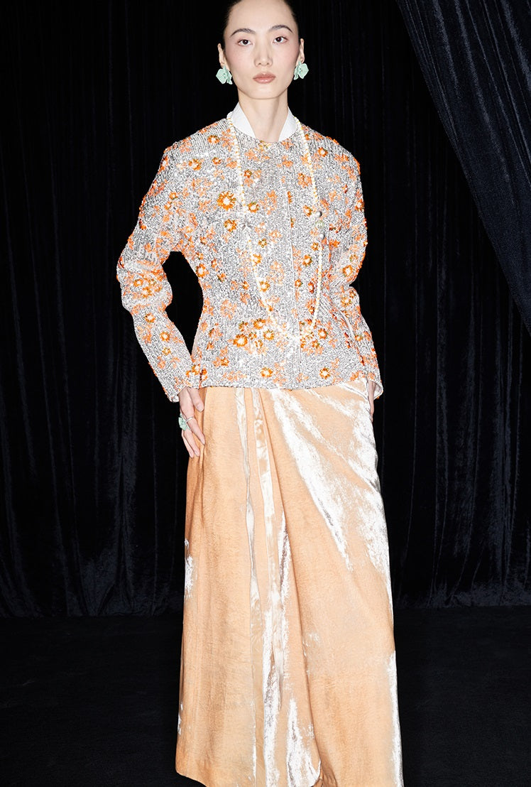 M essential Mackay designer vermilion persimmon embroidered waist silhouette short coat - PISSY.