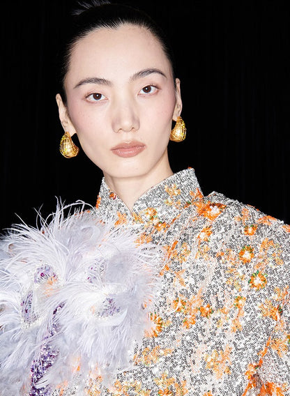 M essential Mackay designer vermilion embroidery iris ostrich feather bead dress - GINA.