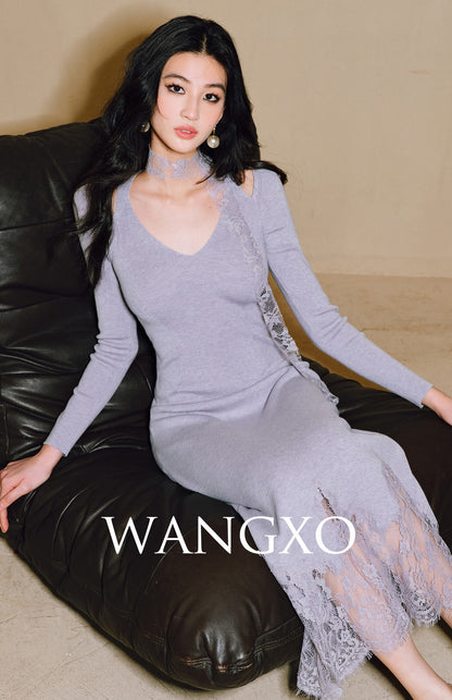 WANGXO | Merino Wool Knit with Panelled Eyelash Lace Slim Dress -NÉRO.