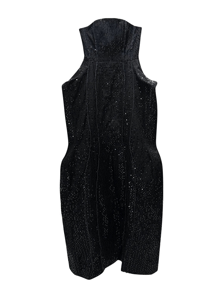 ANNAKIKI niche black beaded raw edge denim sleeveless dress-GUYTON