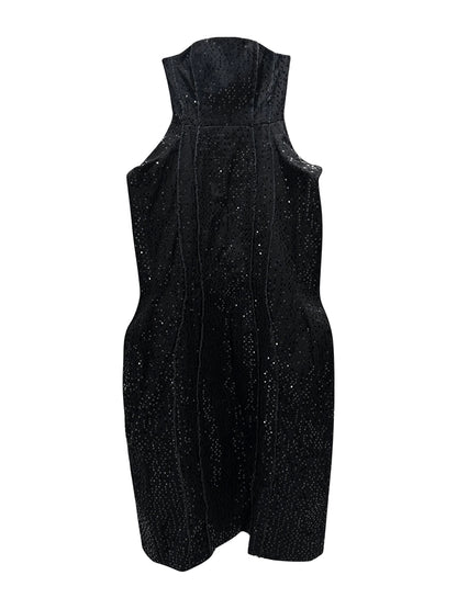 ANNAKIKI niche black beaded raw edge denim sleeveless dress-GUYTON