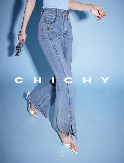 CHICHY French Ladies Blue High-Waisted Hot Diamond Slit Micro Flared Pants-MIJI