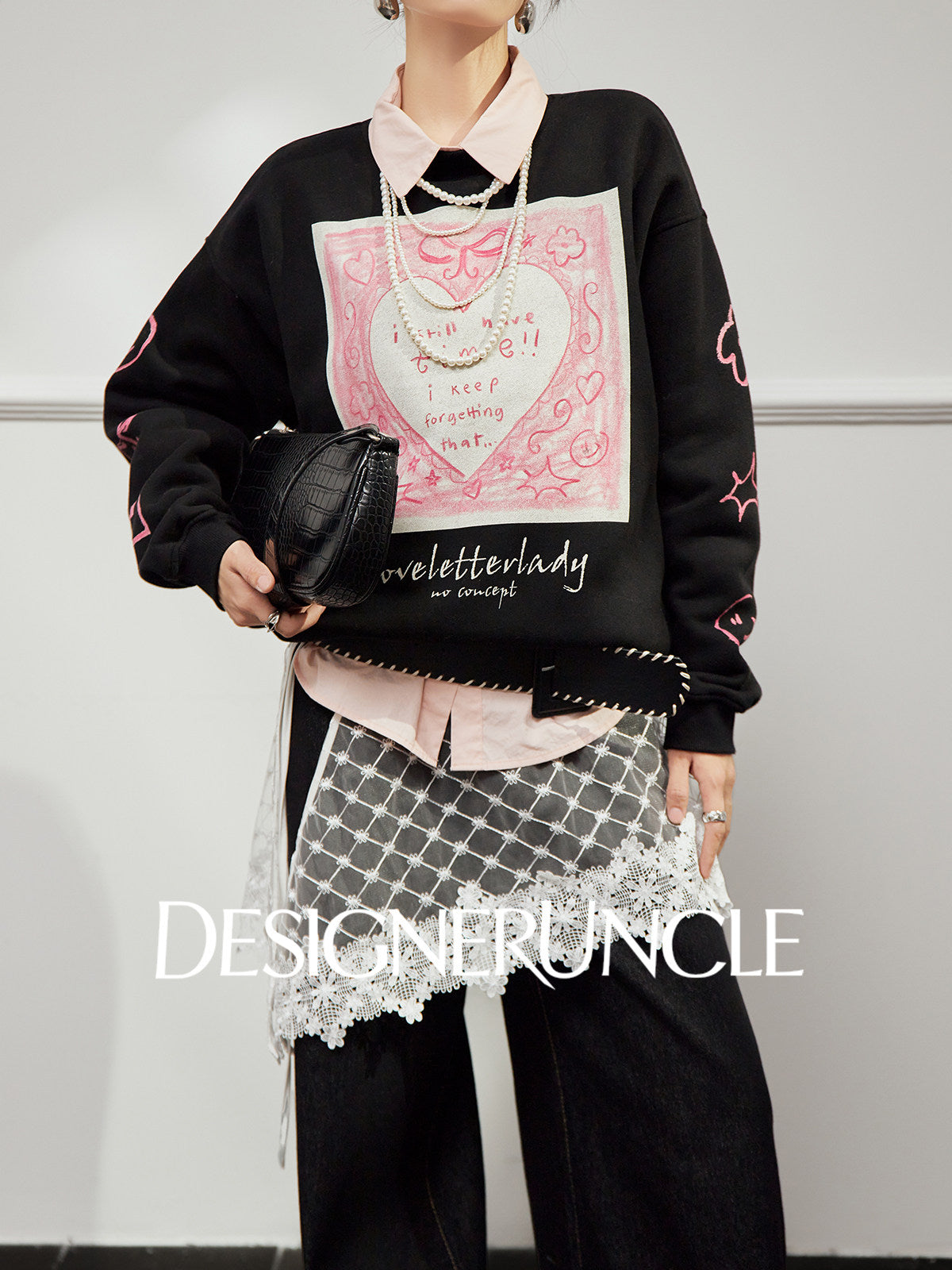 DGU×LAB "Star Dance" black fleece sweatshirt love print crew neck top - MAH