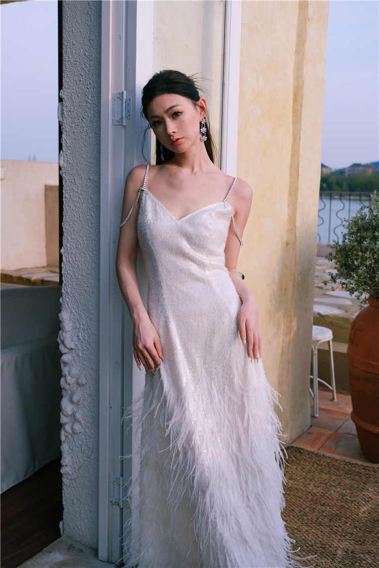 Wardrobes by Chen Luxury White V-Neck Feather Engagement bridal Dress-Destiny M / White Wardrobes by Chen Luxury White V-Neck Feather Engagement bridal Dress-Destiny M / White