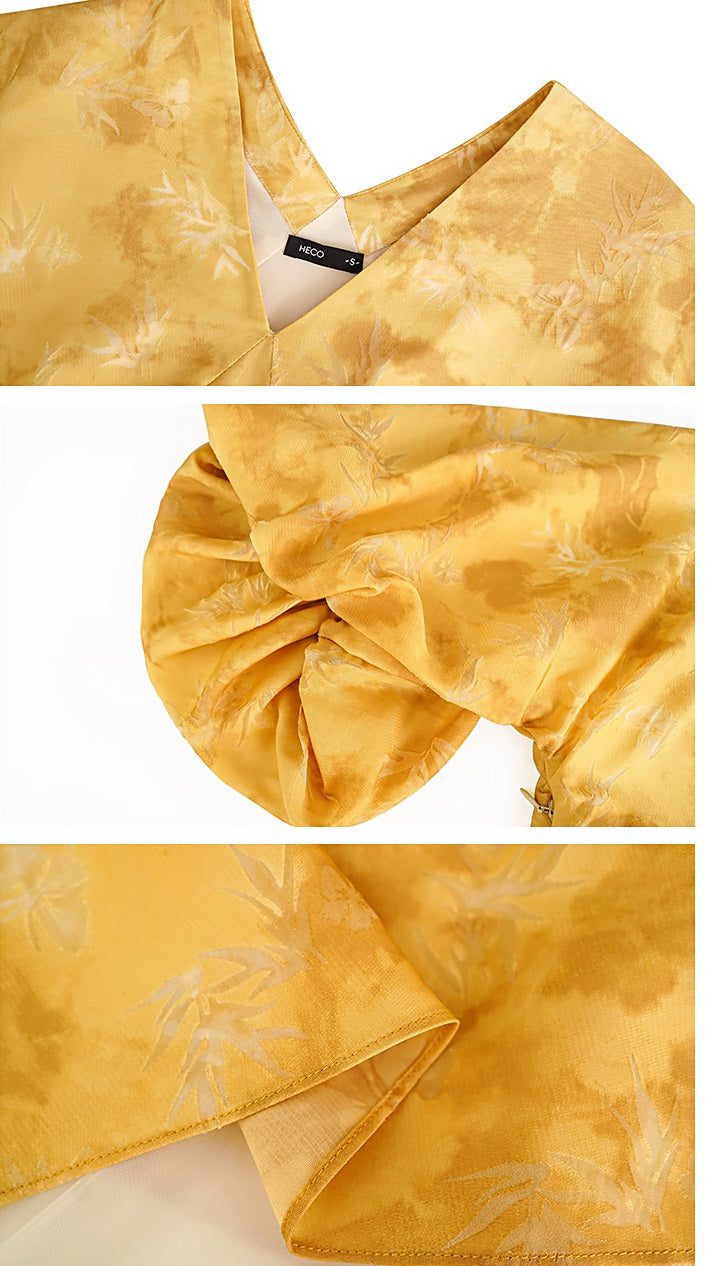 HECO Chinese V-Neck Waist Summer Elegant Floral Stitched Mesh dress - TULIP .