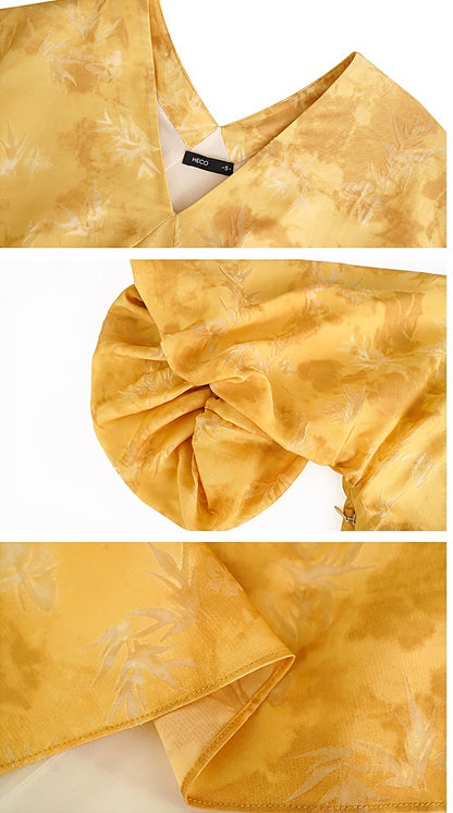 HECO Chinese V-Neck Waist Summer Elegant Floral Stitched Mesh dress - TULIP .