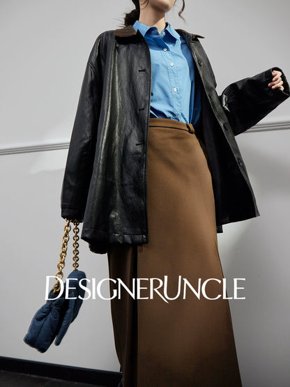 DGU "Obsidian Black" black leather jacket Haining sheepskin versatile top - Eric.