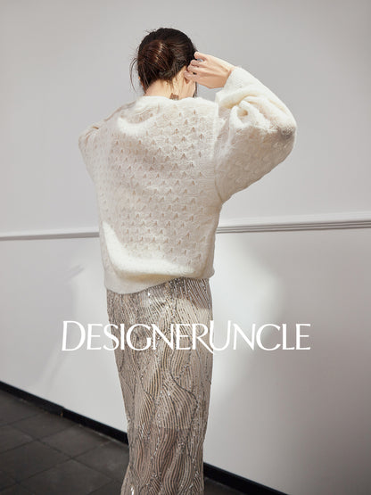 DGU "Mist Fleece" White Cardigan New Hollow Loose Lazy Style Versatile Top - ESTI .